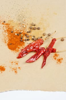 dried peppers and other kind of peppers spices on a brown background