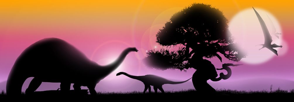 Pastel landscape at sunrise with tree silhouette and dinosaurs