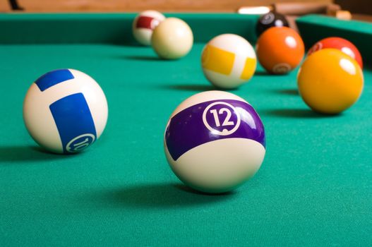 Balls for playing pool on a billiard table.