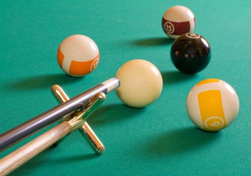 Cue and pool balls on a billiard table.