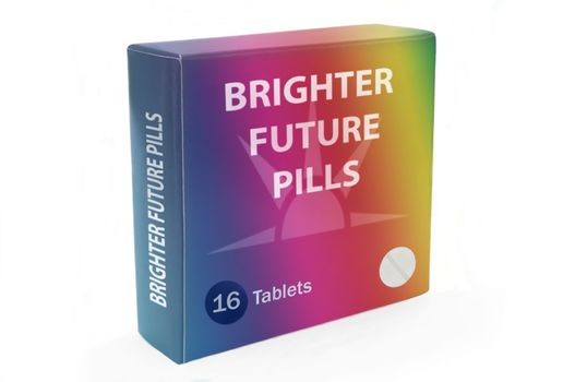 Close and low level angle capturing a multicoloured medication pack with the words "Brighter Future Pills" arranged over white.