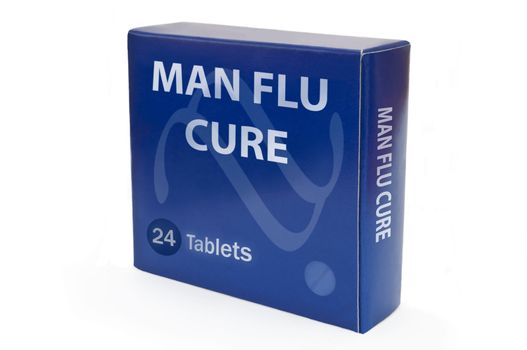 A humourous concept depicting a blue medication box with the words "Man Flu Cure" arranged over white.