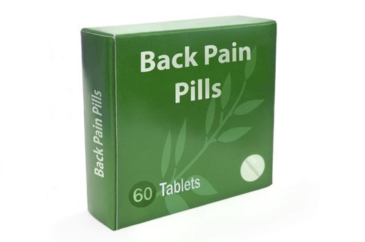 Close up of a green box with the words "Back Pain Pills" arranged over white.