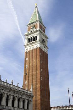 St Mark's Campanile over blue sky in Venice, Italy