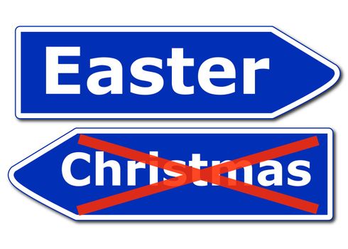 easter concept with blue road sign isolated on white background