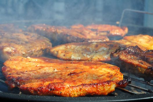meat on the barbecue in summer showing food concept