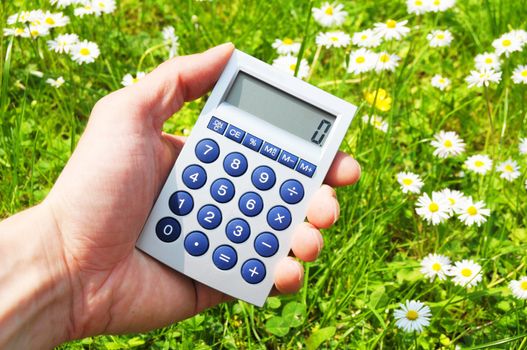 ecological accounting concept with calculator in green grass