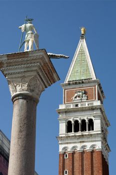 St Mark's Campanile over blue sky in Venice, Italy