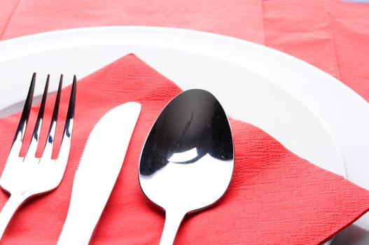 stainless fork knife and plate set on a table