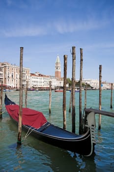 Many parked famous gondolas in Venice, Italy