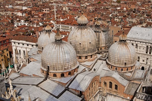 Aerial view of Venice city from the top of the bell tower at the San Marco Square