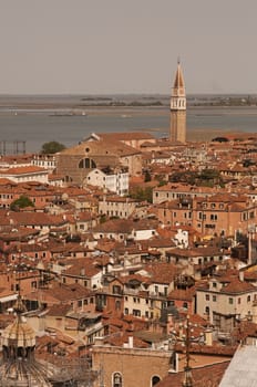 Aerial view of Venice city from the top of the bell tower at the San Marco Square