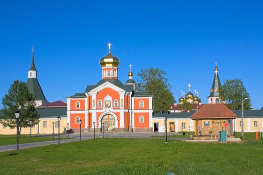 View of church and entrance to Iversky Monastery, Russia.