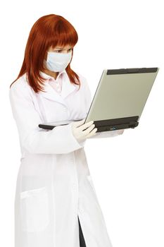 Health worker uses a laptop for work on white background