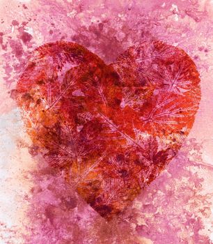 Abstract background, red valentine heart with leaves, watercolor