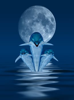 This image shows 3 generated dolphins with moon