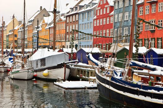 Snow covered colorful Christmas market at Nyhavn Copenhagen