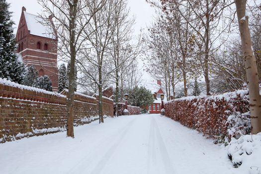 Church and road covered in fresh snow in Denmark