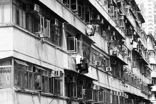 Old apartments in Hong Kong close up at day
