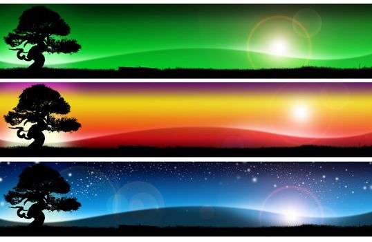 Three banners with colorful landscapes of fantasy, with grass, tree, sky and hill