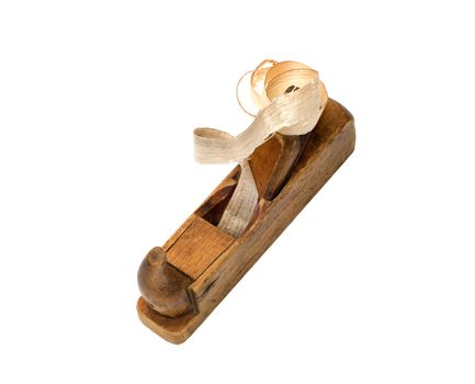 Old wooden plane with a chip on a white background top view.
