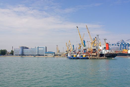 Tower cranes to load cargo ships in port of Novorossiysk, Russia