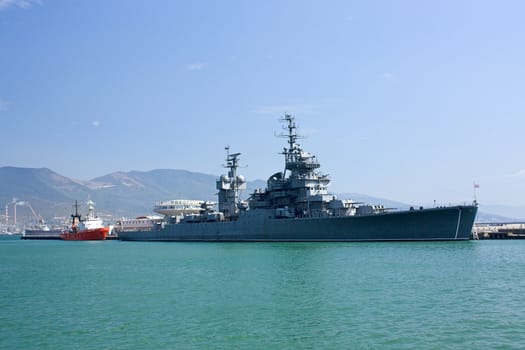 View of  ships in  port against  blue sky, Novorossiysk, Russia.