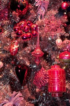 Close up details on a christmas tree with decorations