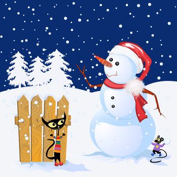 Winter Holiday background with snowman and cute animals plying in the snow