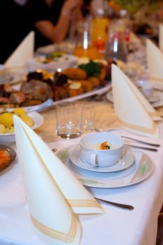 Different appetizing food from table at the wedding reception 
