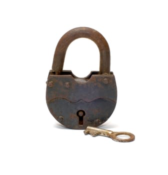 Old rusty padlock and key on white background.