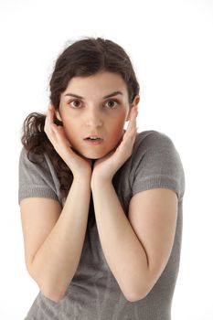 young girl with big glasse isolted on green background