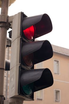 Closeup of a red traffic light in the street