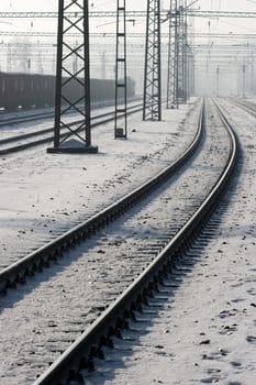 Snowy railway tracks in winter