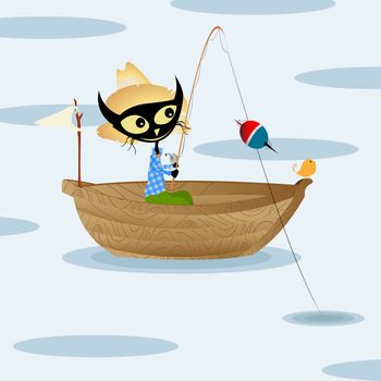 Cat fishing, cartoon art background