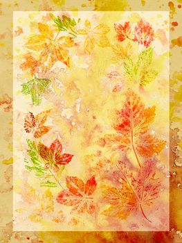 Abstract background, watercolor: leaves, painted on a paper. Pink, red, orange, yellow, green,