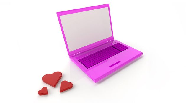 Pink laptop of a teenager with three heart-shaped love symbols