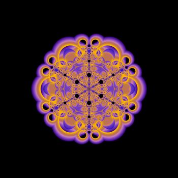 An abstract fractal mandala done in shades of gold and purple floating on a black background.