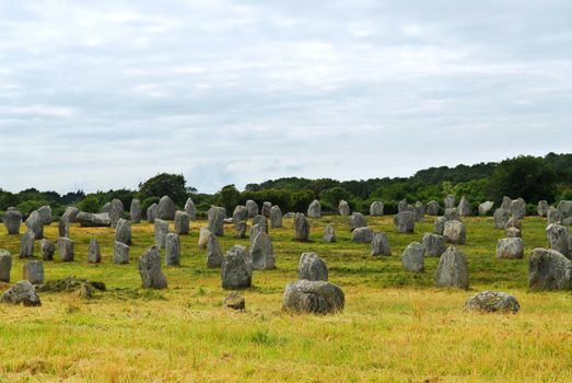 Prehistoric megalithic monuments menhirs in Carnac area in Brittany, France