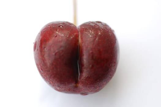 'Sweating' red cherry against a white background