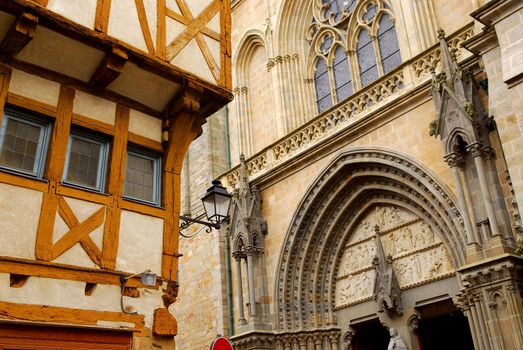 Medieval house and a cathedral in Vannes, France