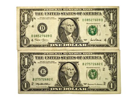 Two bills, one dollar. On a white background.