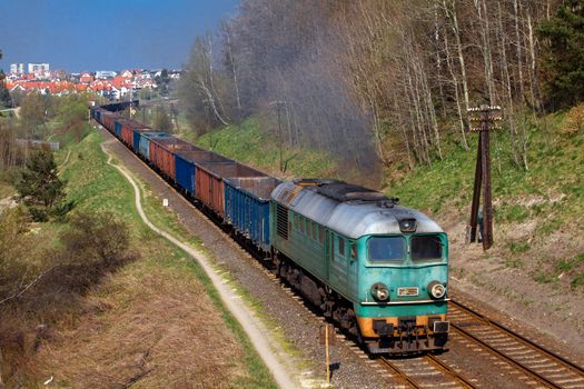 Freight train passing the forest
