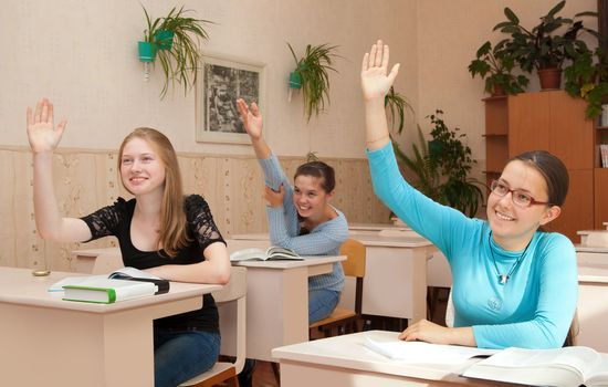 girls schoolgirl asking teachers to answer the question