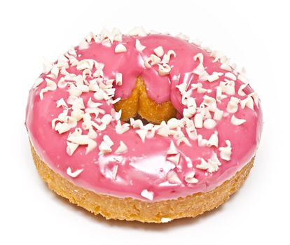 On a white background Pink Donut with white flakes.
