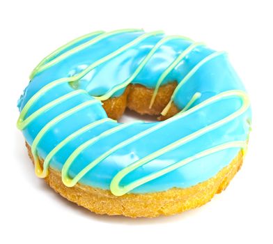 Donut on a white background with blue glaze.
