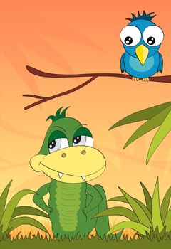 Crocodile and the bird in the jungle book illustration
