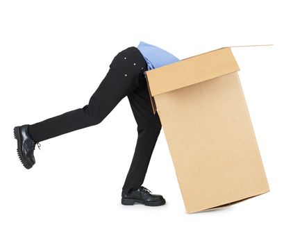 Man looking for his things in a big cardboard box