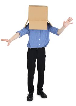 Funny man with a box on his head on white