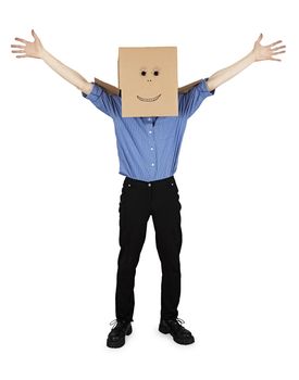 Funny man with a box on his head rejoices on a white background